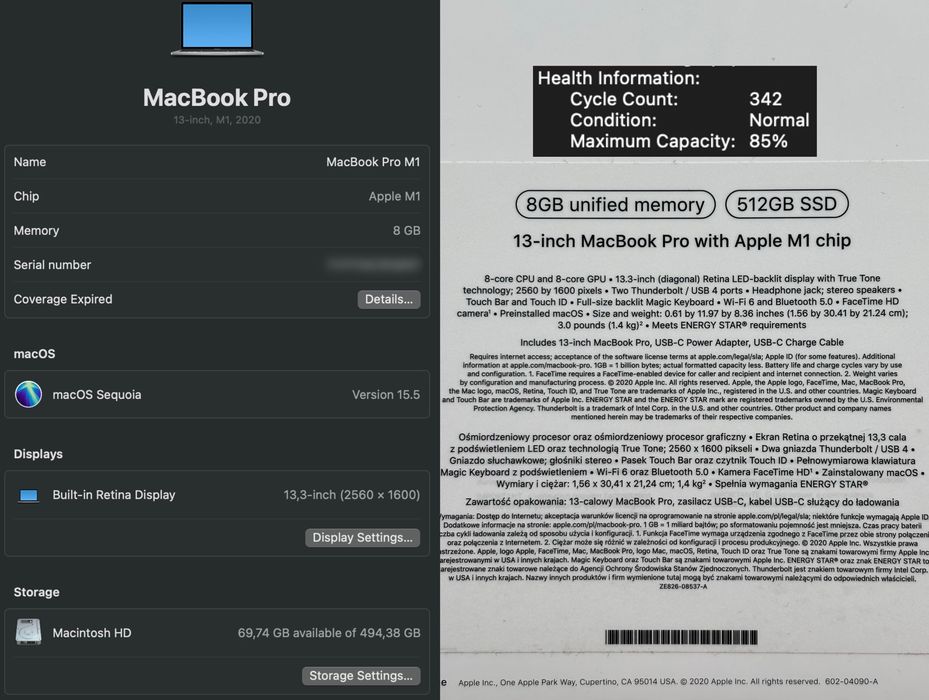 Apple Macbook Pro 13”, M1, 2020, 512gb SSD, 8gb RAM, Model A2338