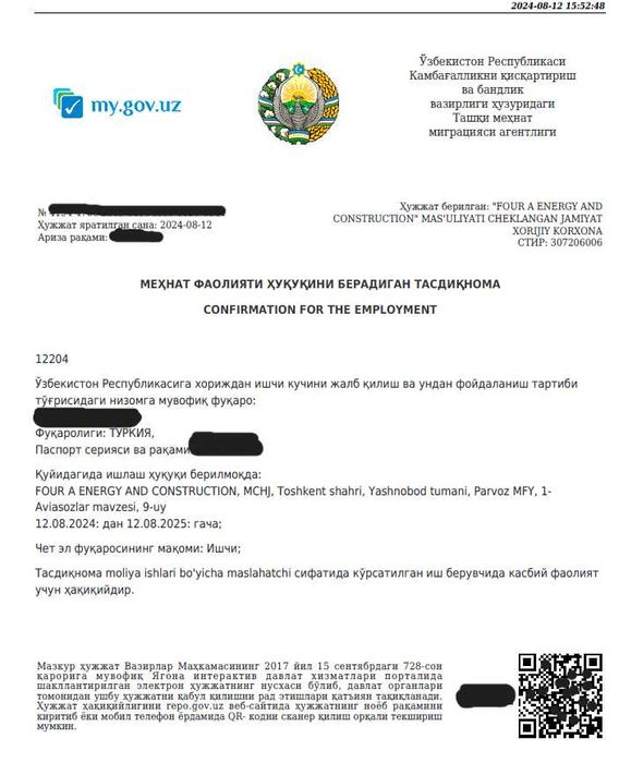O'zbekistonda chet el Fuqorolari uchun mehnat huquqini beruvchi VIZA