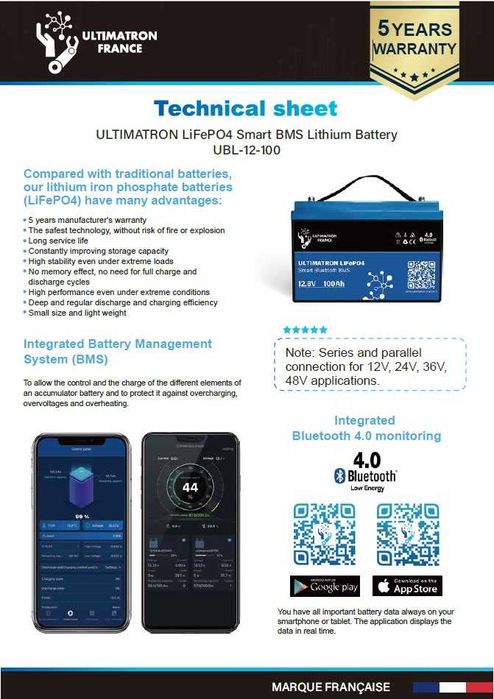 2 acumulatori noi LiFePO4 12.8 V 100Ah 1280Wh Ultimatron, Bluetooth