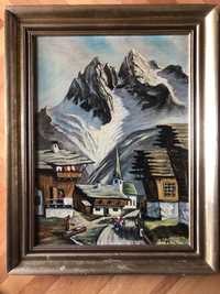 Tablou,pictura in ulei pe panza,sat la poalele Alpilor,1964,semnat