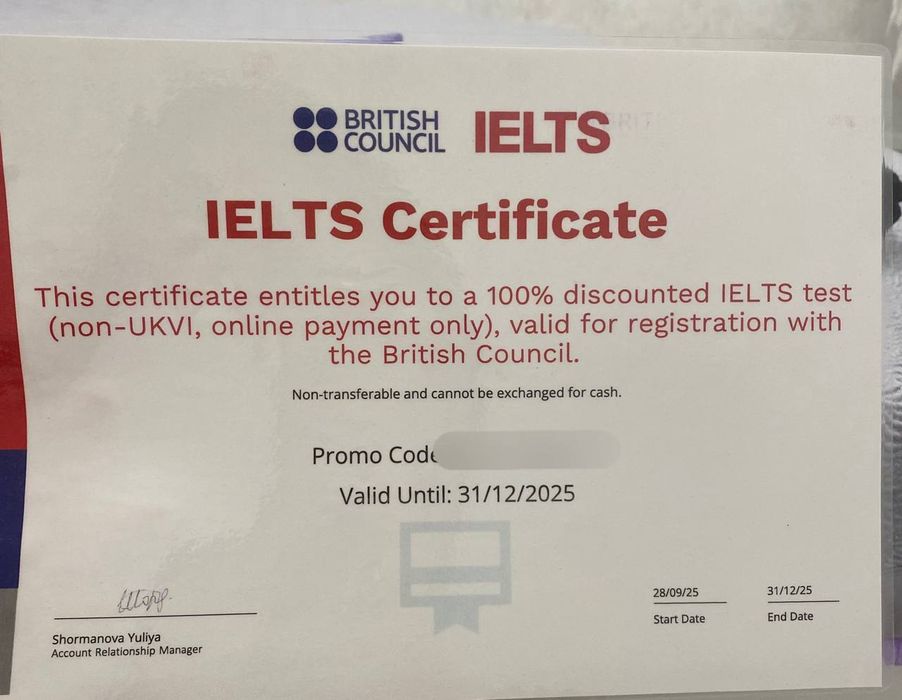 Сертификат на бесплатную сдачу теста Ielts. British Council