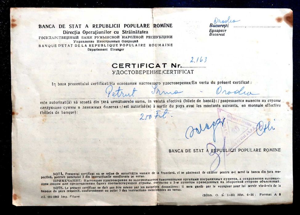 Certificat emis de Banca Republici Populare Romane