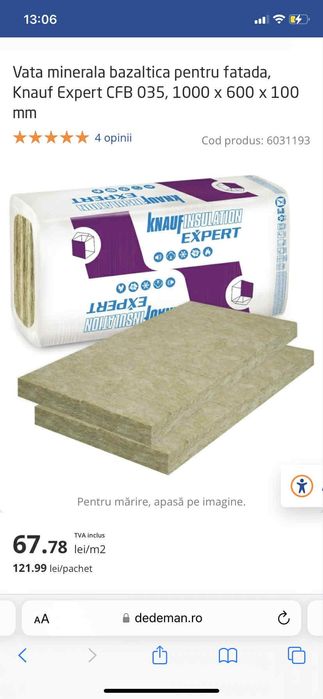 Vată minerală bazaltică pentru fațadă Knauf Expert 1000x 600x100 mm