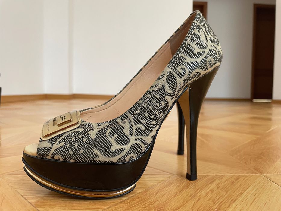 Pantofi eleganți cu toc, 12 și platformă, verde/auriu, 36