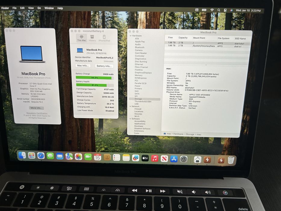 Macbook Pro A1989 i7 16 GB RAM 2 TB SSD baterie 302 cicluri