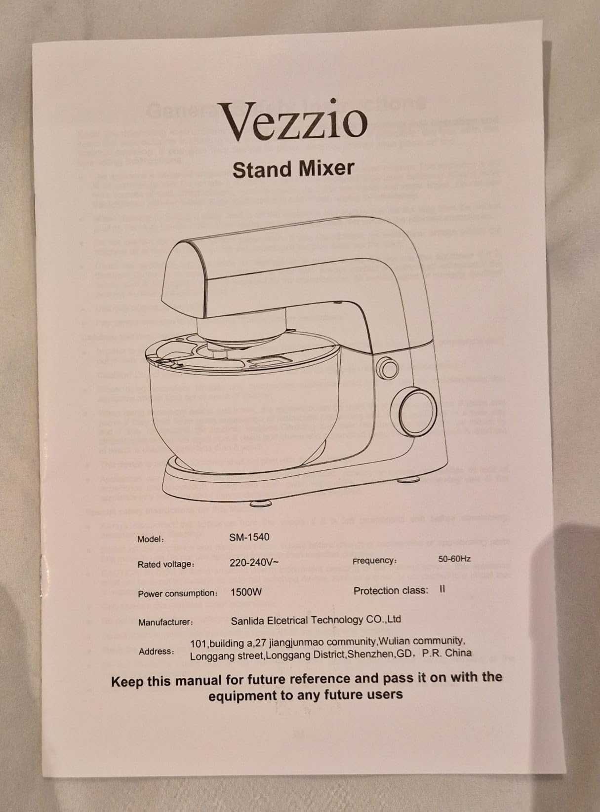 Стоящ миксер Vezzio, 4,5 литра, 1500 W, 10 скорости, сребрист