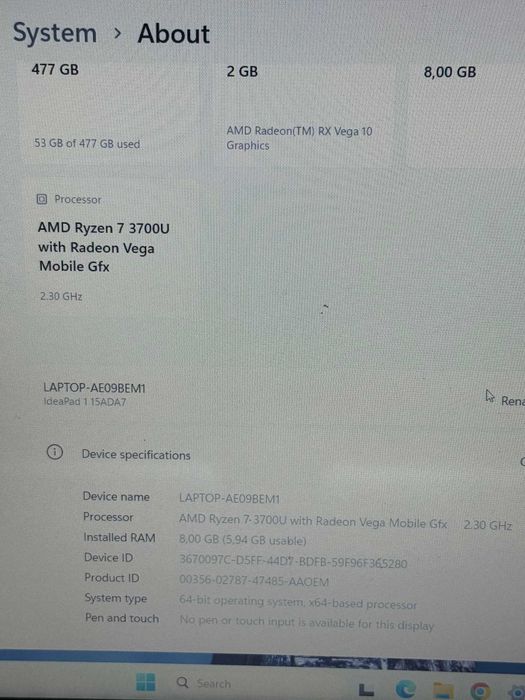 Lenovo Ideapad 1 Ryzen 7 3700/8RAM/512SSD/Full HD запазен
