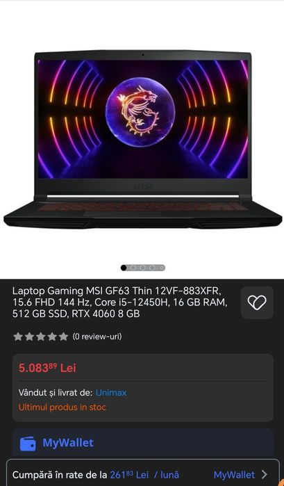 Laptop Gaming MSI,RTX 4060,16 GB RAM APROAPE NOU