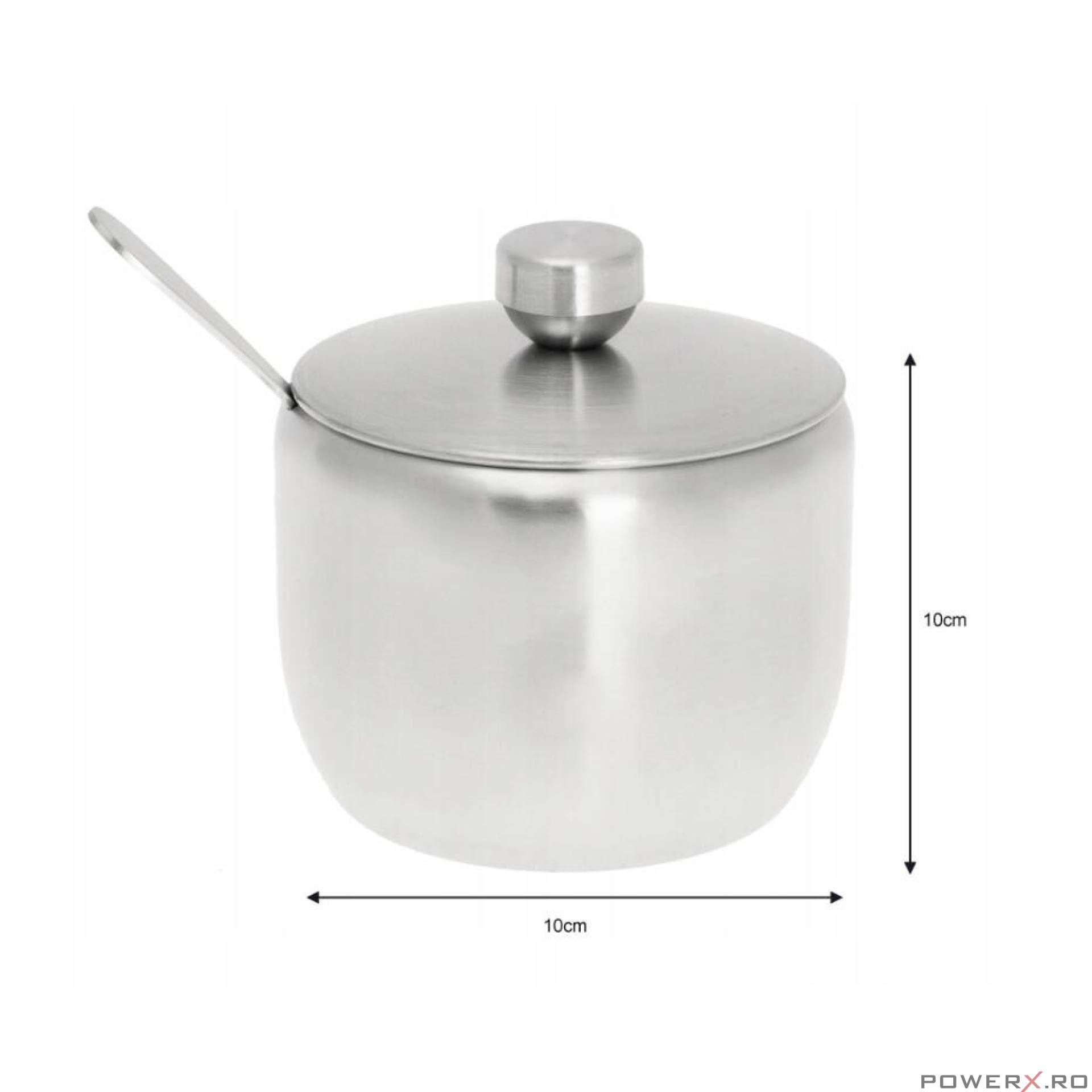 Recipient pentru zahar, condimente, sosuri, cu lingura si capac, inox,