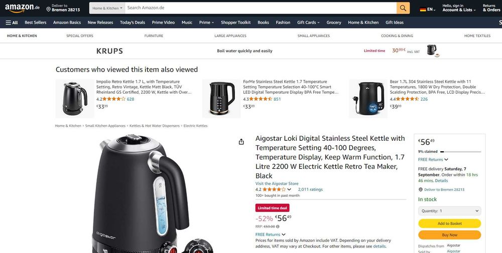 Fierbator/ceainic electric digital 1,7L Temp Var 40-100, de la 280 Ron