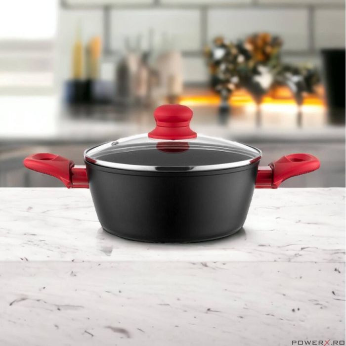 Oala din aluminiu, cu capac, 2 straturi antiaderente, 20 cm capacitate