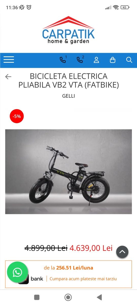 Bicicleta electrica pliabilă Volta Vb2(fat bike)