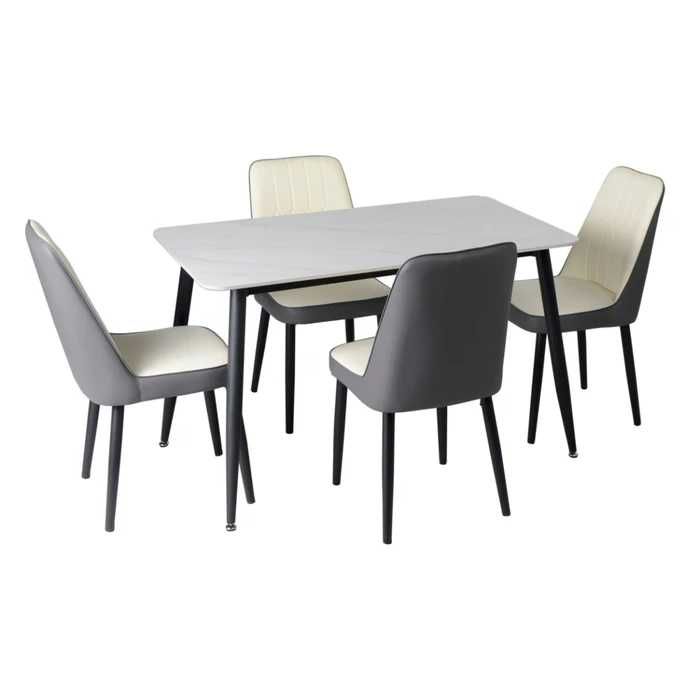 Set masa metal fixa blat marmura cu 4 scaune tapitate, bucatarie