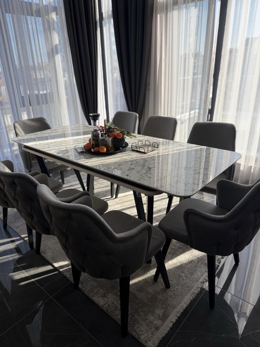 разтегателен диван, холна и трапезна маса, кресло, столове