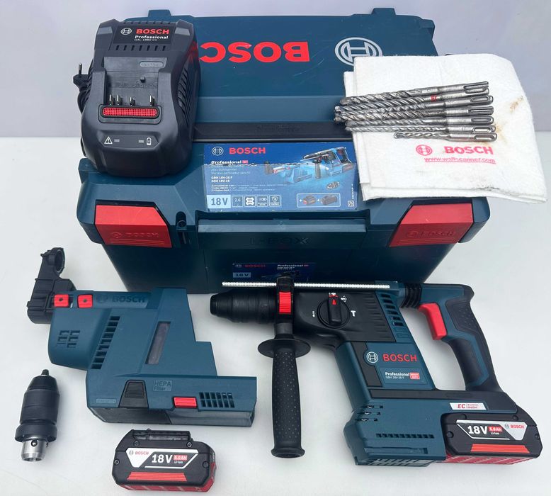 BOSCH GBH 18V-26 F + Bosch GDE 18V-16 - Безчетков перфоратор с прахоу.