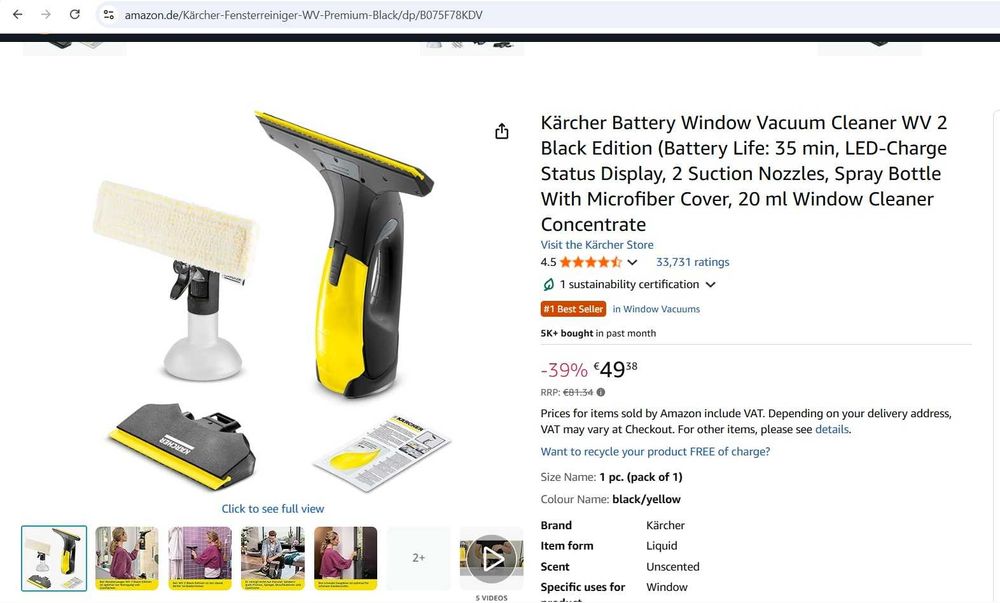 Aspirator geamuri cu baterie Kärcher WV 2 Black Edition