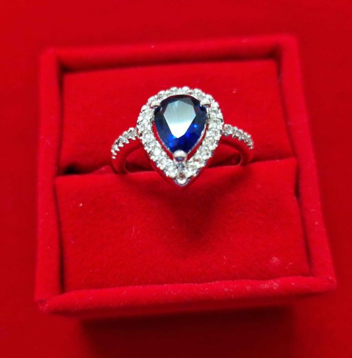 GR54,inel placat aur 18k,nou/marcat, zirconiu alb/safir