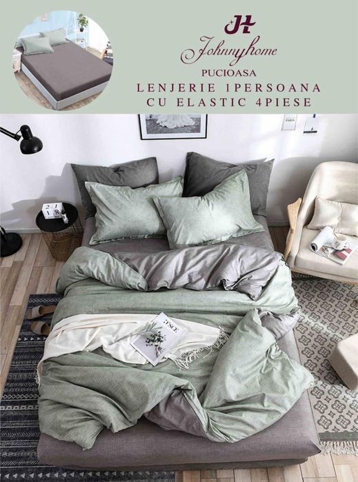 Lenjerie bumbac satinat superior cu elastic 4 piece JohnnyHome