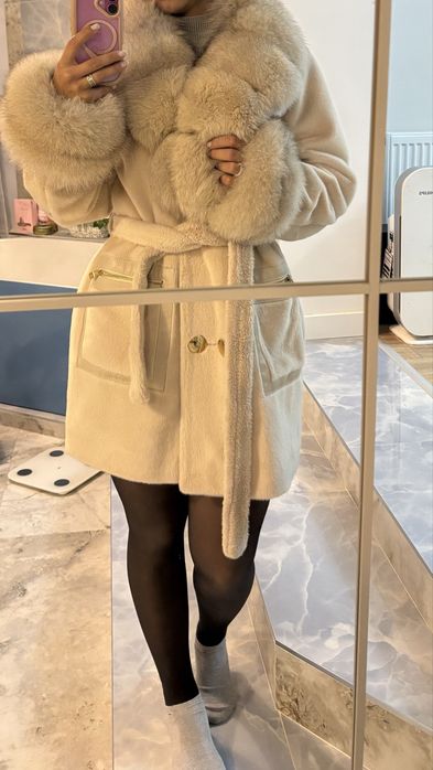 Палто алпака и алкантара с естествен косъм лисица