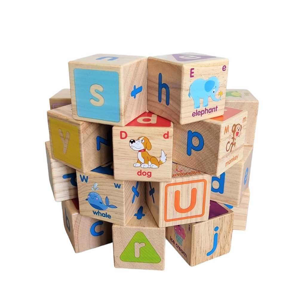 Cuburi de construit cu animale, litere,obiecte din lemn 26 piese