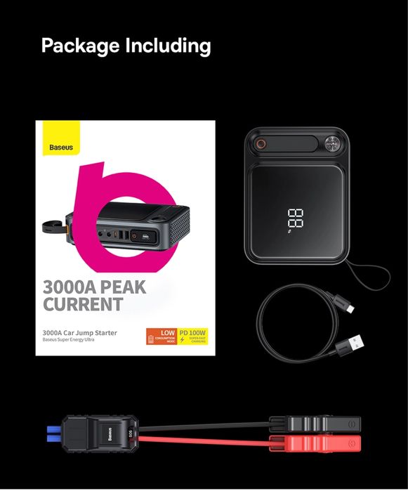 Пусковое устройство Baseus 3000A 30000мч мощный jump starter с PD 100W