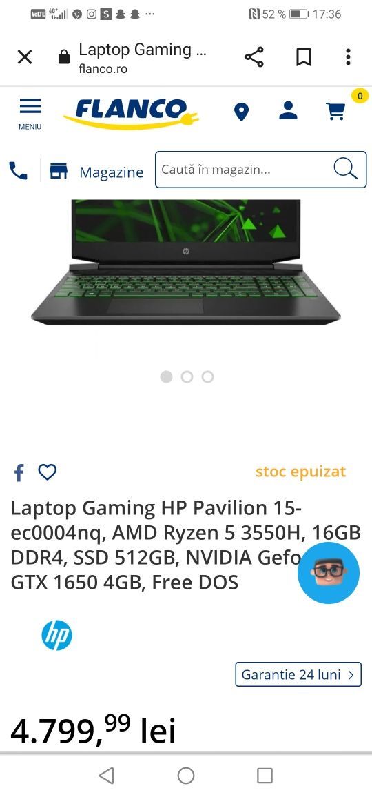 Vând laptop Gaming HP Pavilion 15-ec0004nq
