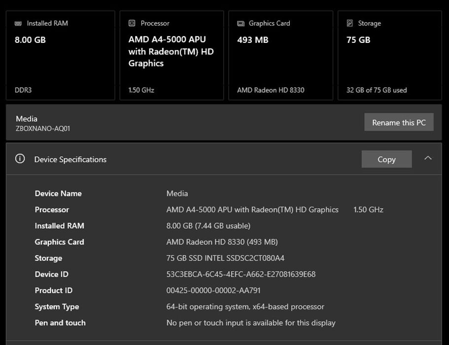 Minii PC Zbox Nano-AQ01