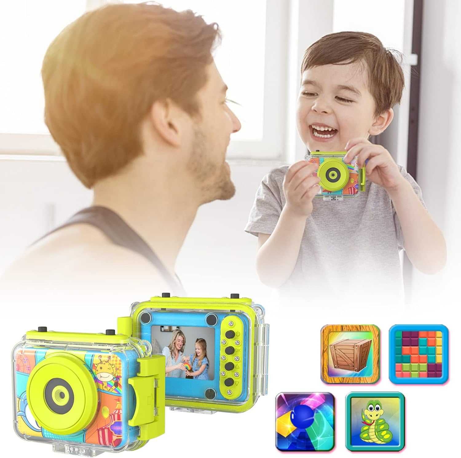 Детска екшън камера комплект водоустойчив калъф, аксесоари и 32GB SD
