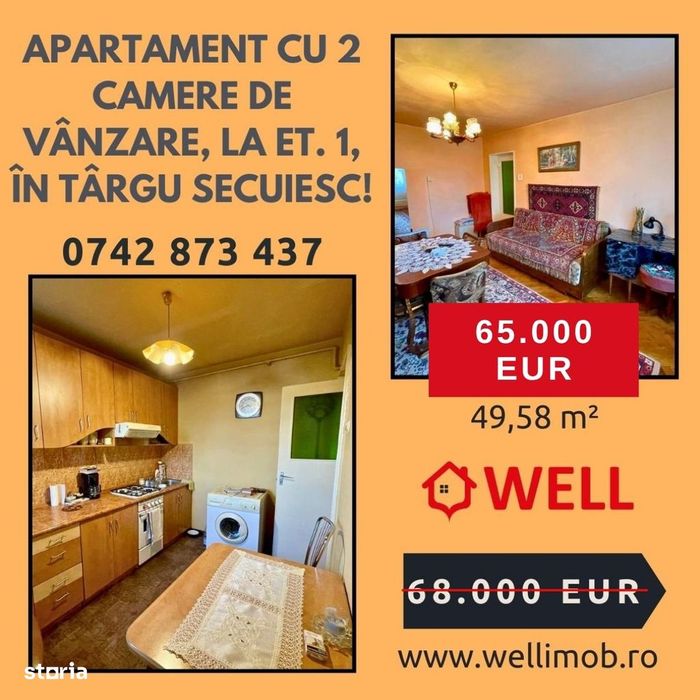 Apartament cu 2 camere de vânzare, la etajul 1, în Târgu Secuiesc!