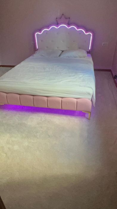 Pat tapițat cu led 90/140x200 cm pat fetițe piele ecologica roz
