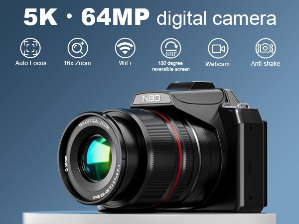 NBD 5K DSLR фотоапарат, 64MP Ultra HD, 16x оптично увеличение, Wi-Fi у