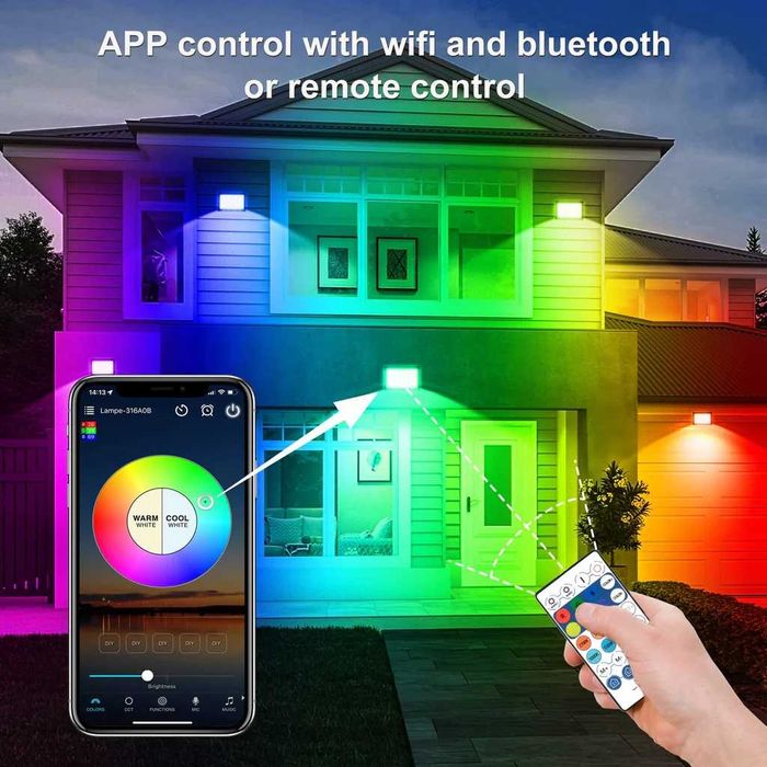 LED RGB прожектор, 100W външен прожектор WiFi IP66