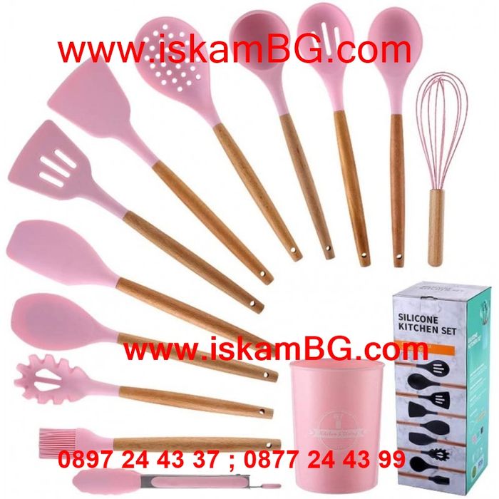Комплект от 11 броя силиконови кухненски прибори за готвене с поставка