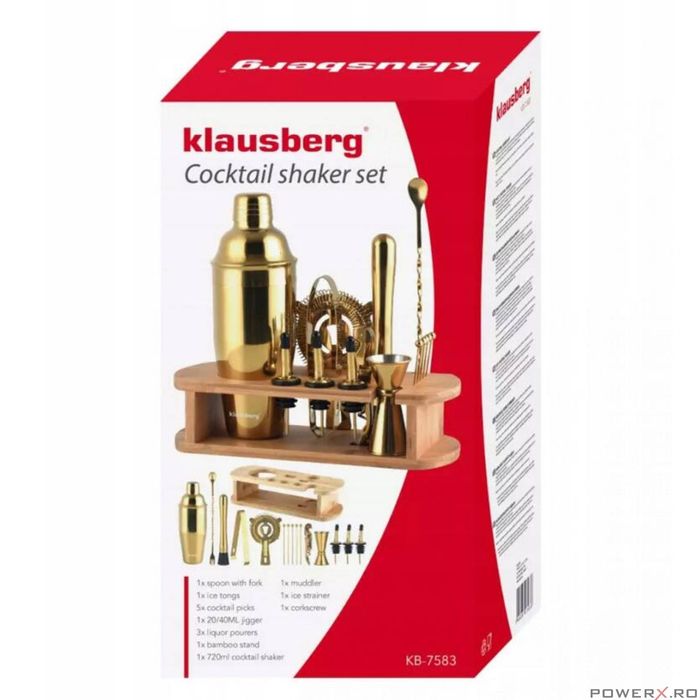 Set cocktail shaker pentru barmani,16 piese, auriu, Klausberg