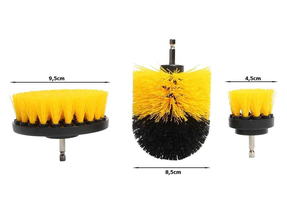 Set 3 perii pentru curatare cu adaptor pentru bormasina nylon galben