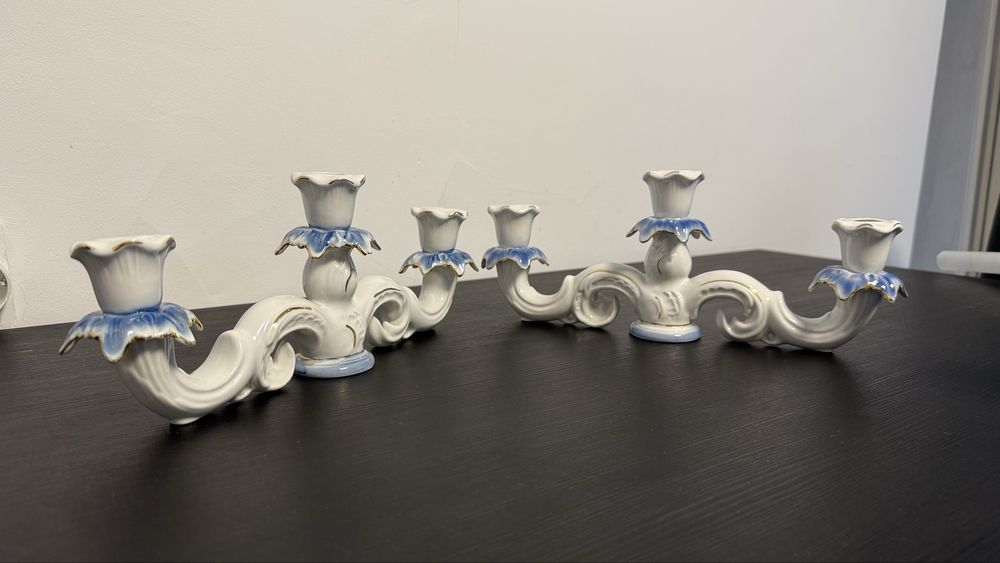 Suport lumanari din portelan albastru / stesnic vintage