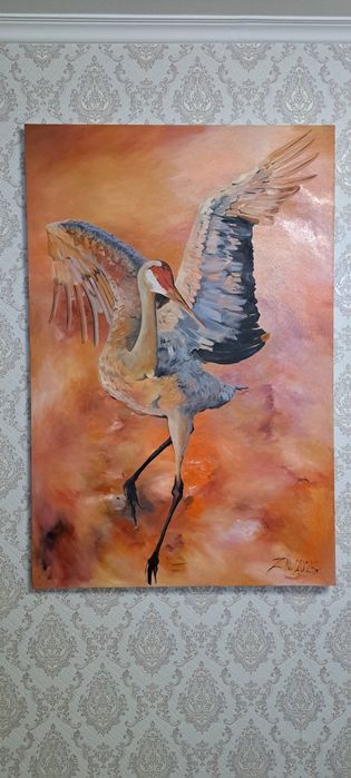 Картина маслом "Цапля в оранжевом"
