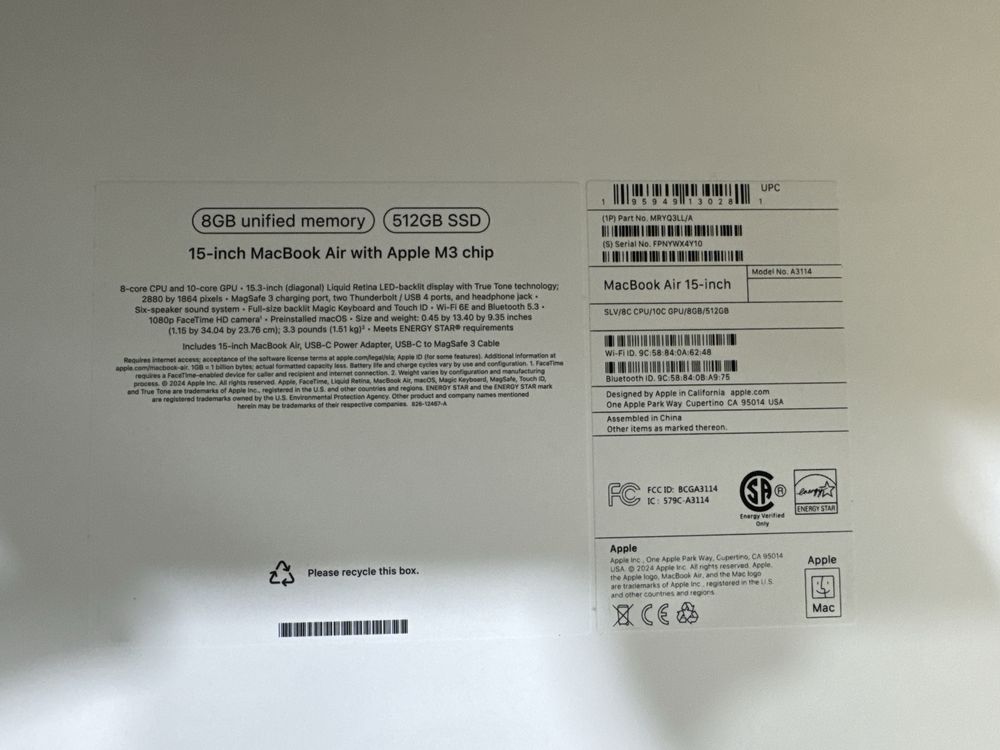 Macbook air 15inch m3 8/512