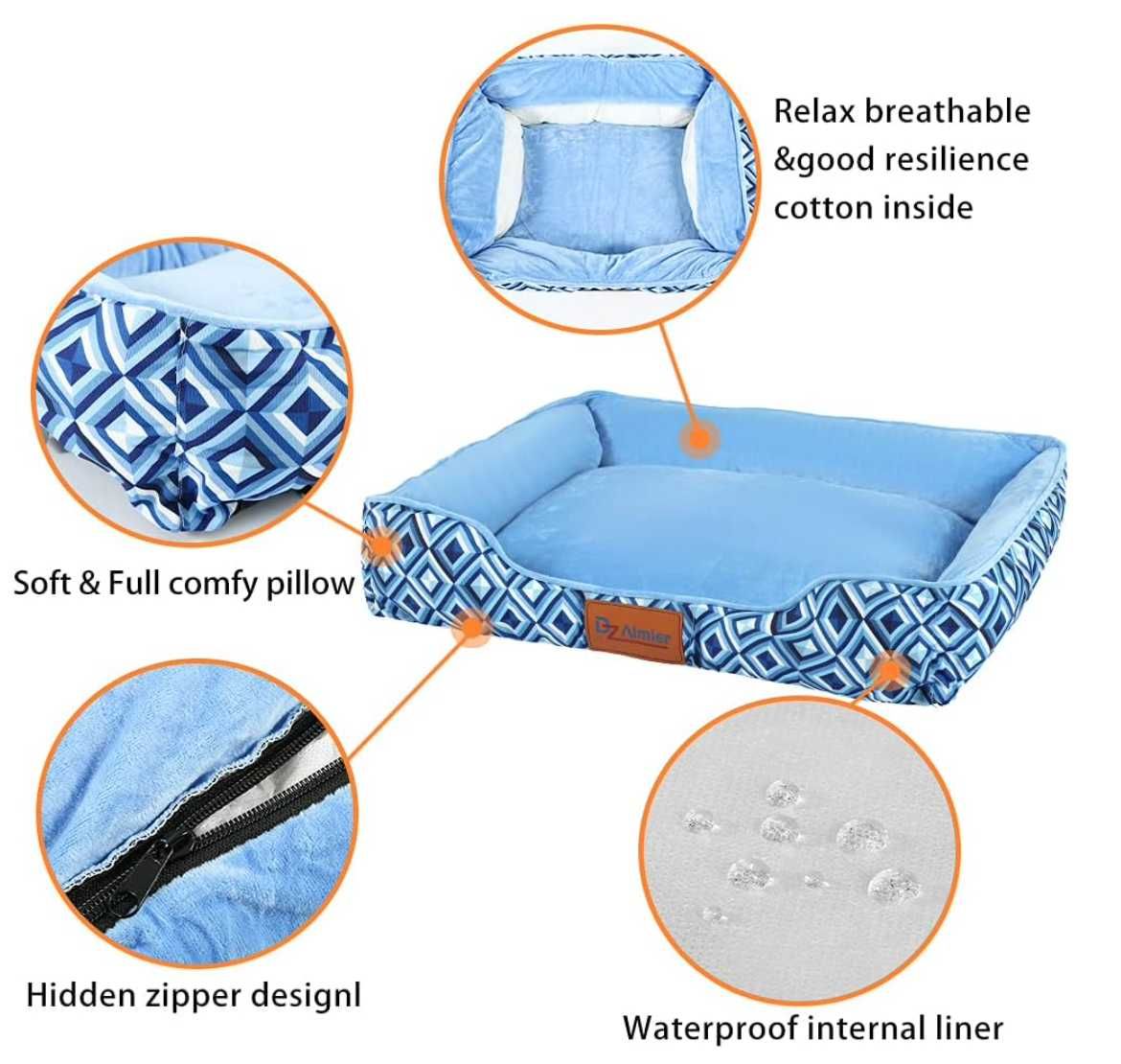 Легло за домашни любимци с миеща се калъфка с цип (40*50*18 см, син)