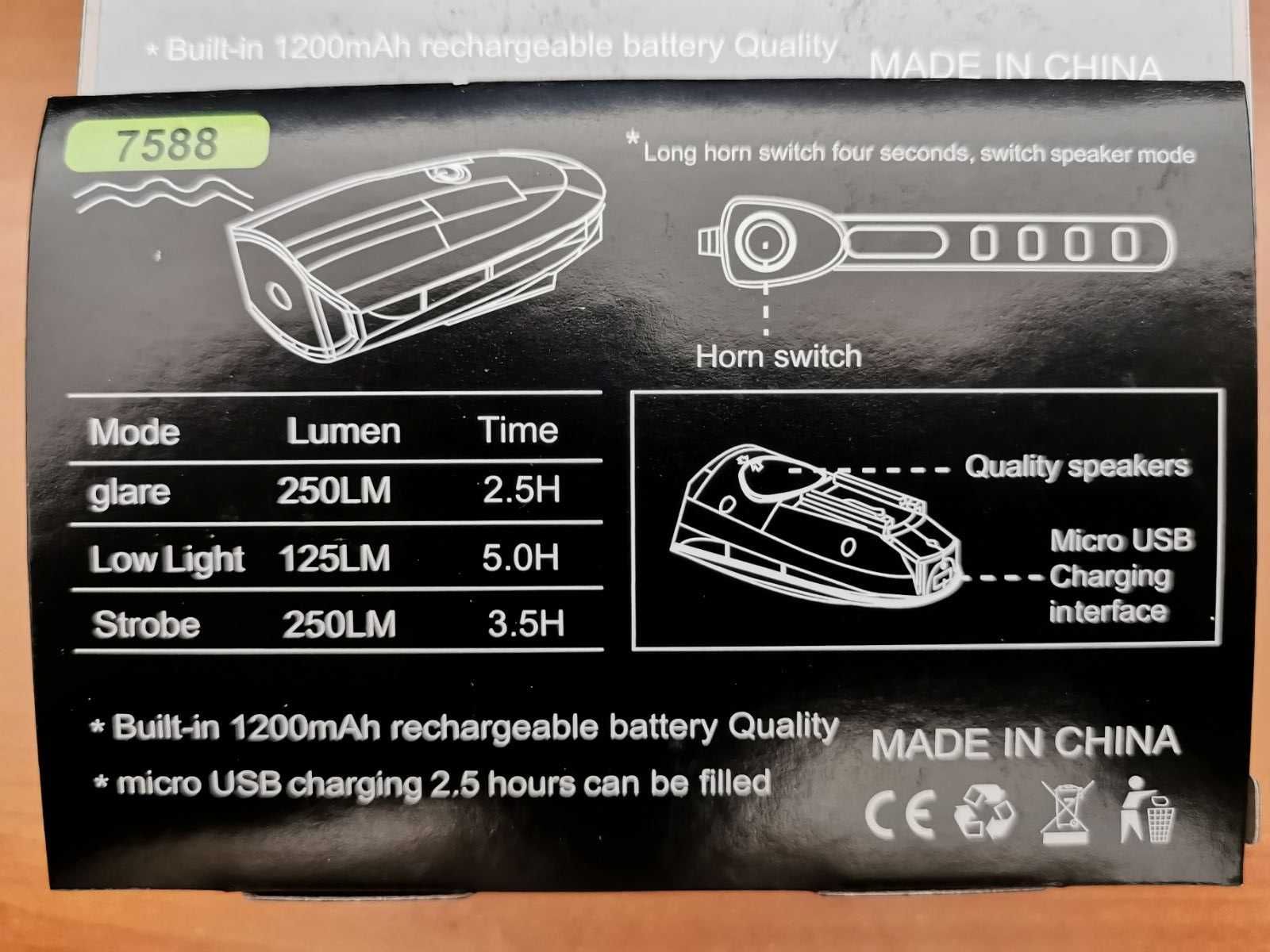 Силен многорежимен заряден LED USB Фар за велосипед 2в1 с КЛАКСОН