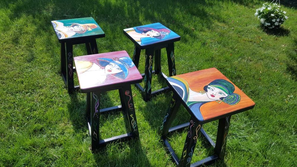 Mobila, SET 4 SCAUNE LEMN ESENTA TARE, pentru gradina, pictate artist