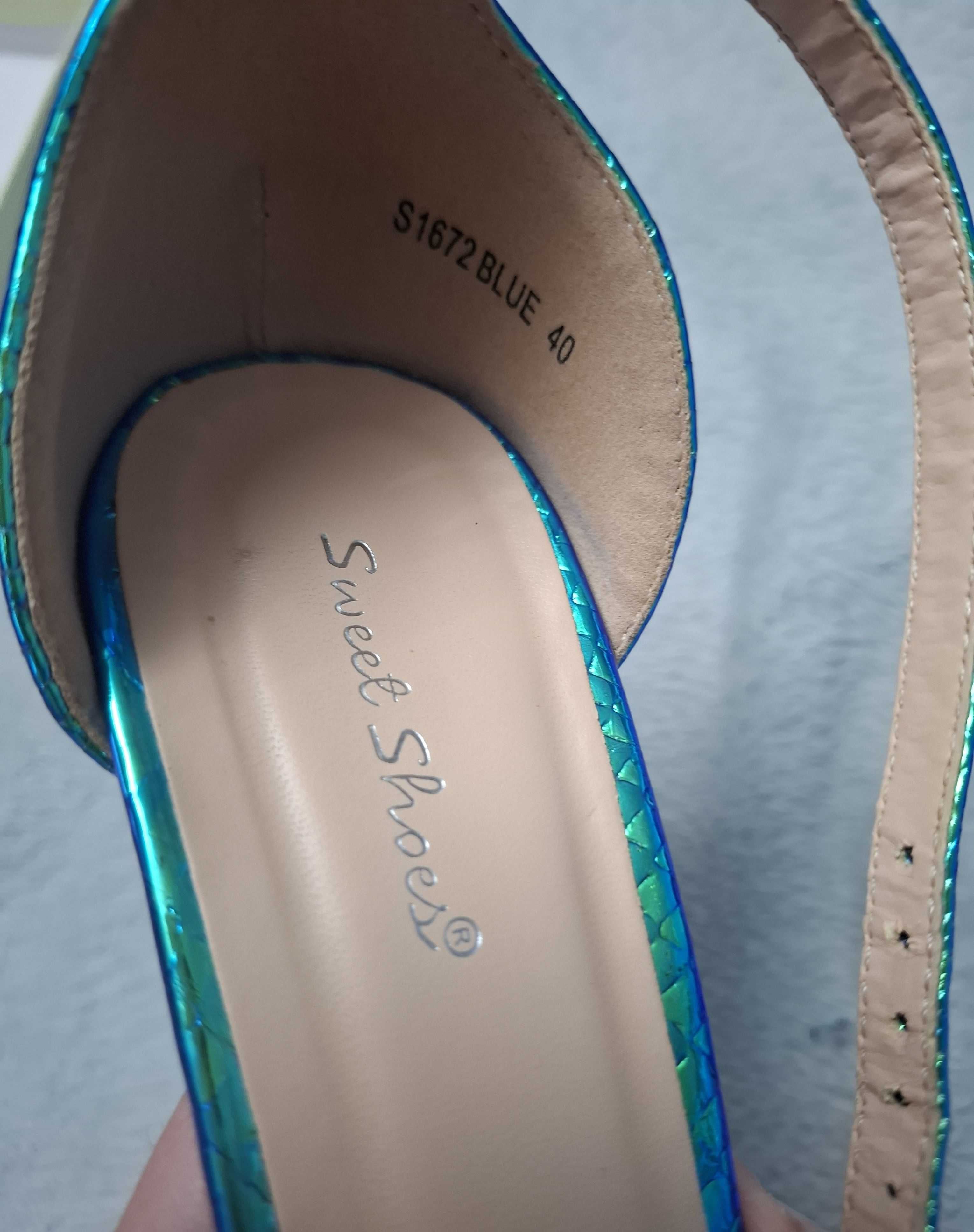 Sandale cu toc gros, albastru, 40, Sweet Shoes