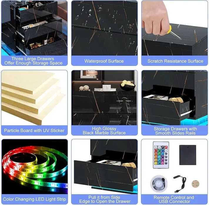 Нощни шкафчета Бял/Черен гланц/мрамор лед LED осветление, 3 чекмеджета