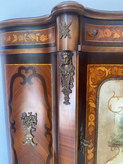 Comoda Lemn Masiv Pictura Bronz Intarsii Vintage