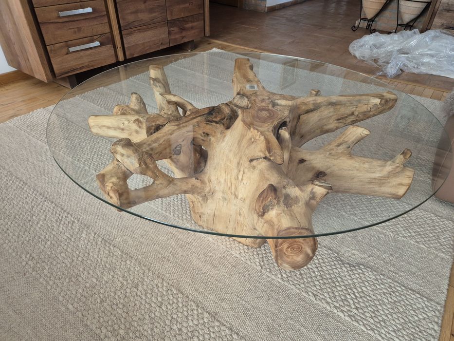 Masa cafea leaving lemn masiv buturuga cioata cu sticla securizata