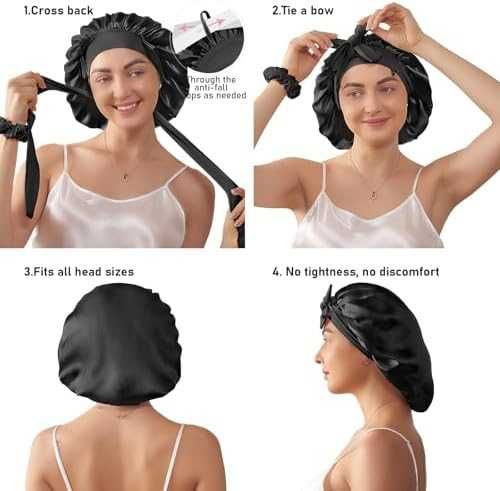 Нова Шапка за къдрава и дълга коса 100% коприна с ластик черна за жени