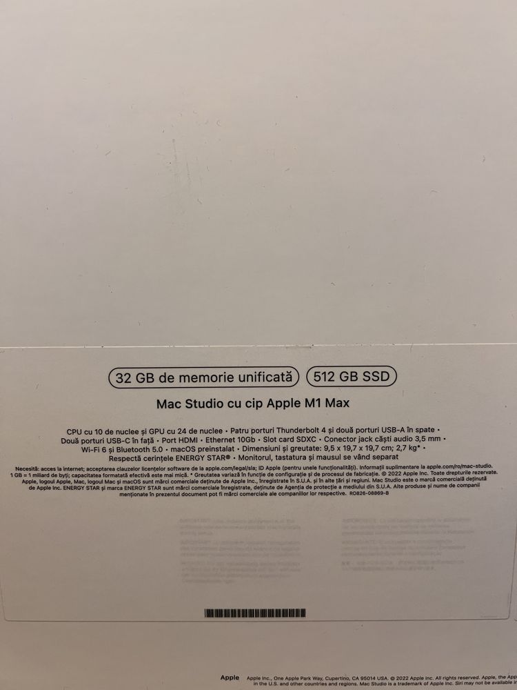 Apple Mac Studio (2022) cu procesor Apple M1 Max, 32GB, 512GB SSD, ROM