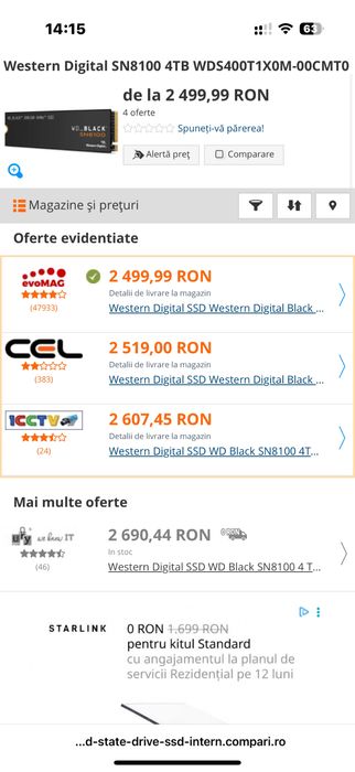 Ssd wd black 4tb sn8100 14900mbs gen5 nou sigilat original