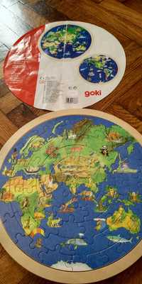 Puzzle din lemn Goki cu 2 fete "Globul pamantesc" 57 piese