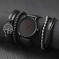 Set cadou bărbați: ceas Quartz și 4 brățări tip piele negru/roșu